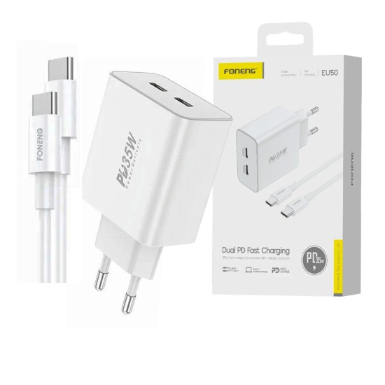 Foneng Charger EU50 Dual Ports (Type C+Type C) PD35W with Type C to Type C Cable White